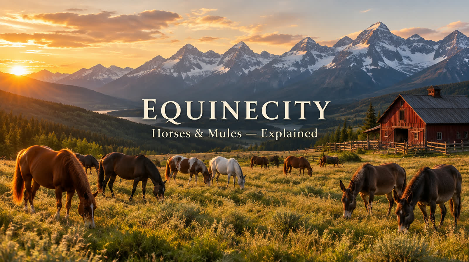 Horses and mules grazing in a golden-hour mountain pasture beside a red barn, with the title Equinecity: Horses & Mules, Explained